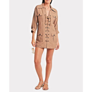 NWT Intermix Solid&Striped Linen Blend Lace-Up Safari Dress in Khaki Sz XS
